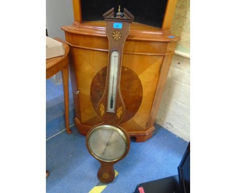 B. Molinari & Co. Plymouth a mercury banjo shaped barometer with inlaid mahogany case and temperature gauge above, signed to 