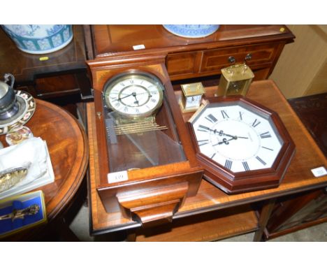 A 'Comitti of London' three hole mahogany cased wall clock AF, together with a 'Toshiba' wall clock AF and two brass cased  m