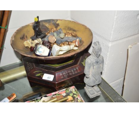 An oriental box together with a terracotta Chinese warrior; an oriental dish and contents of various netsuke etc