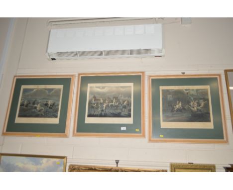 Three framed coloured engravings "The First Steeplechase on Record"