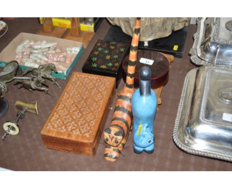 Four various trinket boxes and two wooden cat ornaments