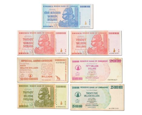 Assorted Zimbabwe Hyperinflation Banknotes, 7 in total to include; Special agro-cheque $50 billion 15th May 2008; $25 million