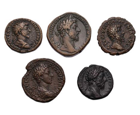 Roman Imperial, Assorted 2nd Century Bronze Coins, 5 in total to include; Marcus Aurelius sestertius, Rome AD175-6, rev. Clem