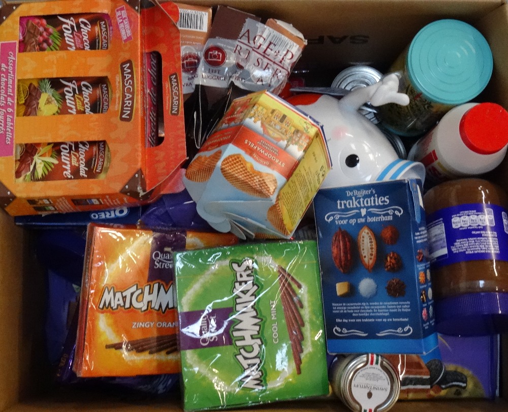 ONE BOX OF CONSUMABLE ITEMS including KINDER; TOBLERONE; CADBURY; MRS