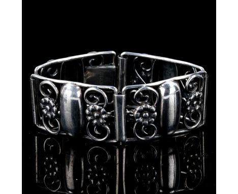 F HANSEN - a Vintage Danish stylised silver floral panel bracelet, length 16cm, 42.1gNo damage or repairs, no broken links, s