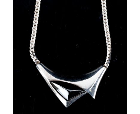 NIELS ERIK FROM - a Vintage Danish stylised sterling silver and haematite pendant necklace, on herringbone link chain, neckla