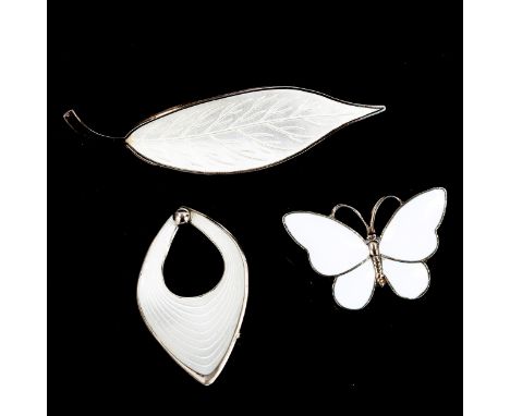 3 Vintage Danish stylised sterling silver and white enamel brooches, including butterfly and leaf, maker's include Volmer Bah