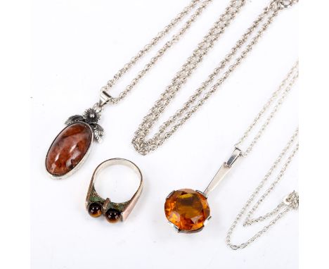 Various Vintage stone set silver jewellery, including Niels Erik From pendant necklace, tigers eye ring etc, ring size O, 32.