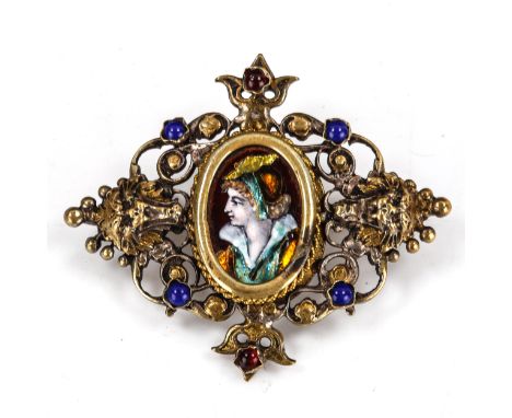 A French limoges&nbsp; gem set enamel portrait brooch, depicting female profile with openwork lion mask settings, brooch leng