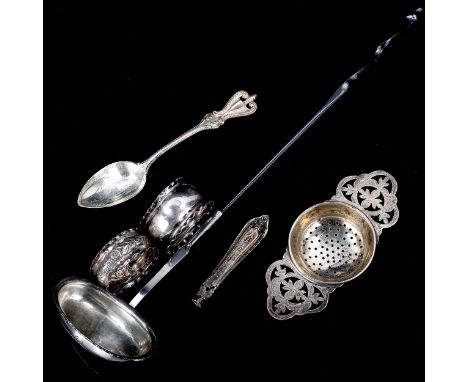 Various silver, including tea strainer, Georgian toddy ladle, teaspoon etc, 2.4oz weighableLot sold as seen unless specific i