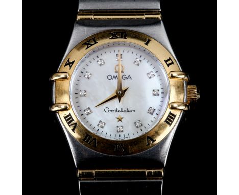 OMEGA - a lady's Vintage bi-metal Constellation quartz bracelet watch, circa 1990s, mother-of-pearl dial with diamond hour ma