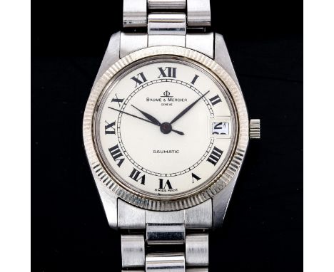 BAUME & MERCIER - a Vintage stainless steel Baumatic Micro Rotor automatic bracelet watch, ref. 1185, white dial with painted