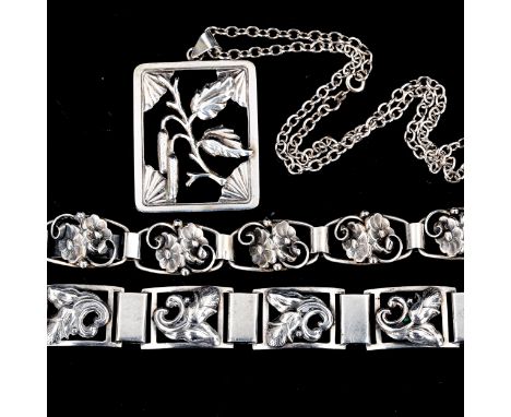 3 Vintage Danish stylised silver items of jewellery, comprising pendant necklace and 2 bracelets, makers include Christian Ve