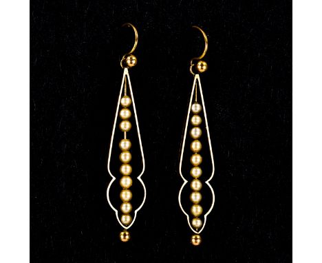 A pair of Edwardian 9ct gold pearl pendant earrings, openwork settings with pearl line and shepherd hook fittings, overall he