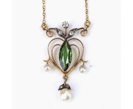 An Edwardian Art Nouveau green tourmaline pearl and diamond pendant necklace, unmarked gold openwork settings with marquise t