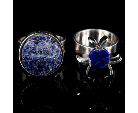 2 Vintage Danish stylised sterling silver lapis lazuli rings, makers include Carl Ove Frydensberg, sizes M and N, 17.8g total