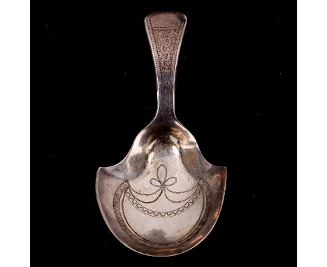 A George III silver shovel caddy spoon, bright-cut engraved decoration, maker's marks IT, possibly John Turner, hallmarks Bir