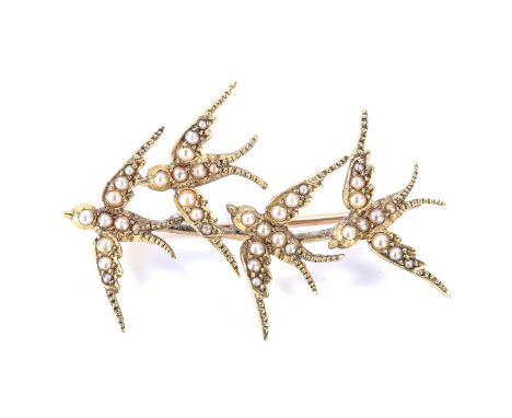 A Victorian pearl figural Swift bird brooch, unmarked gold settings, brooch length 43.1mm, 6.3gNo damage or repair, all stone