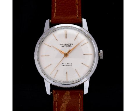 BRAVINGTONS - a Vintage stainless steel Wetrista mechanical wristwatch, silvered dial with gilt baton hour markers and sweep 