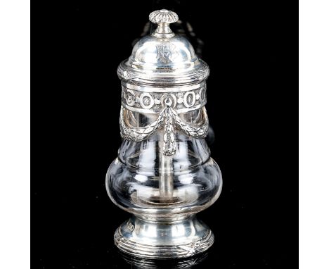 A George V silver-mounted glass pepper mill, baluster form with laurel wreath swags and reeded foot, by Goldsmiths & Silversm