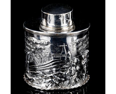 A late Victorian silver tea caddy, cylindrical form with relief embossed hunting decoration, by George Nathan and Ridley Haye