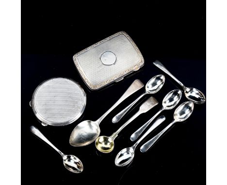 Various silver, including cigarette case, compact, mustard spoon and teaspoon, and a set of silver plated coffee spoons, 4.8o