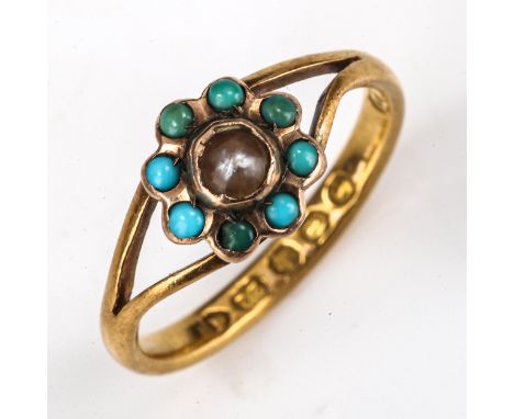 A Victorian 22ct gold turquoise and pearl cluster flowerhead ring, set with split-pearl and cabochon turquoise, maker's marks