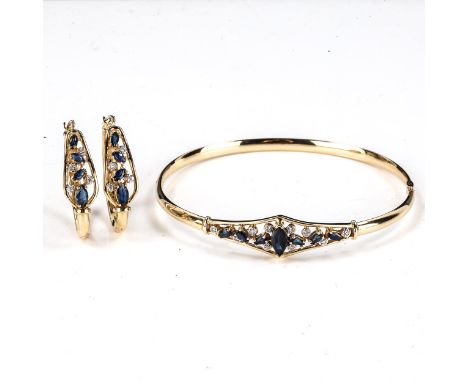 A modern 14ct gold sapphire and diamond matching hinged bangle and hoop earring set, bangle internal dimensions 6cm x 5cm, ea