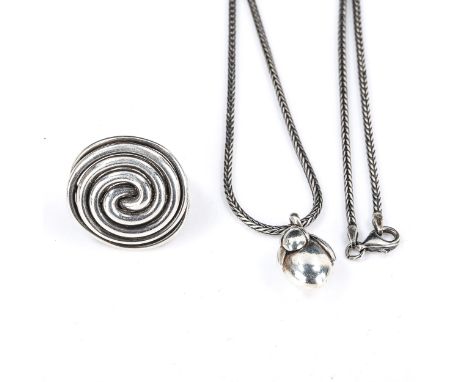 RICHARD AXEL BALLE - a Vintage Danish sterling silver floral pendant necklace, and an unnamed sterling spiral ring, pendant h