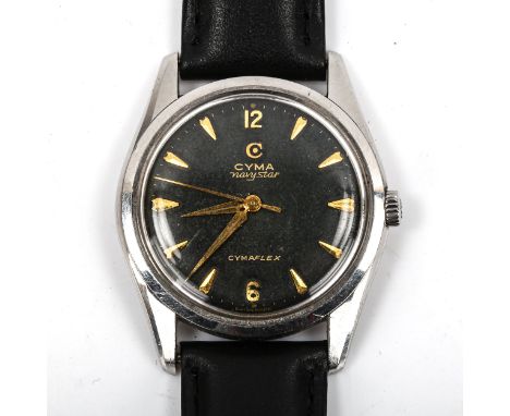 CYMA - a Vintage stainless steel Navystar Cymaflex mechanical wristwatch, circa 1950s, black dial with gilt halfly  Arabic an