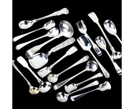 A quantity of various silver mustard spoons, condiment spoons and salt shovel spoons, including Scottish, Georgian, Victorian