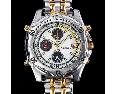 YEMA - a Vintage gold plated stainless steel quartz chronograph alarm bracelet watch, ref. Y182, white dial with 3 subsidiary