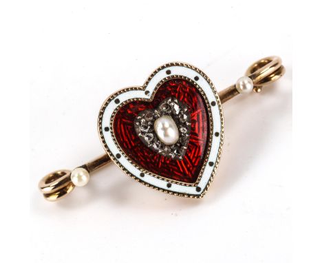 An Edwardian pearl enamel and diamond heart bar brooch, engine turned decoration set with rose-cut diamonds, heart height 16.