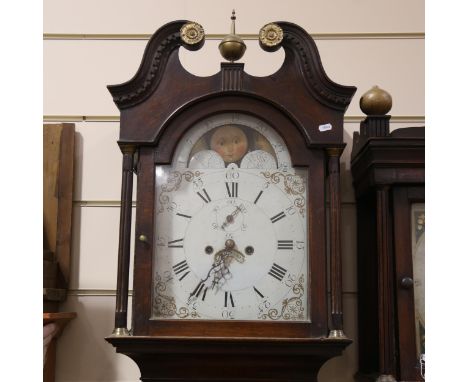 An 18th century oak-cased 8-day longcase clock, white enamel dial with Roman numeral hour markers, moonphase subsidiary secon