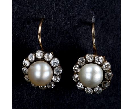 A pair of Antique whole pearl and diamond cluster earrings, set with old-cut diamonds, total diamond content approx 0.5ct, ea
