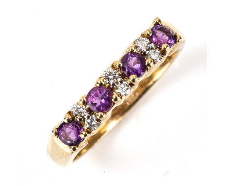 A modern 9ct gold amethyst and diamond half hoop ring, set with round-cut amethysts and diamonds, setting height 3.9mm, size 