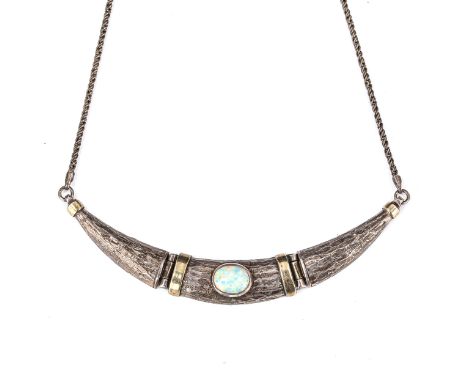 A Vintage silver and synthetic opal organic necklace, gilded and textured bark design, necklace length 40cm, 18.3gNo damage o