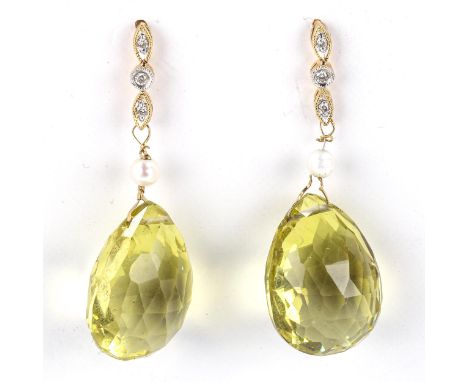 A pair of modern lemon quartz pearl and diamond drop stud earrings, earring height 39.3mm, 7.9gNo damage, new stud fittings o