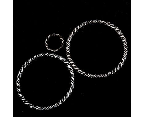 3 Danish sterling silver rope twist pieces of jewellery, comprising 2 bangles and 1 ring, possibly by Bent Larsen, bangle int