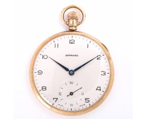 GARRARD - a mid-20th century 9ct gold open-face keyless-wind pocket watch, silvered dial with Arabic numerals, subsidiary sec