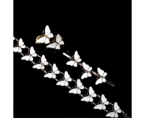 VOLMER BAHNER - a Vintage Danish sterling silver and white enamel butterfly pattern demi-parure, comprising bracelet, brooch 