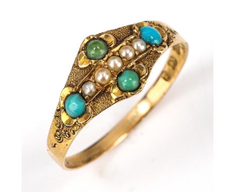 A Victorian 15ct gold turquoise and pearl dress ring, chased and engraved decoration, indistinct maker's marks, hallmarks Bir