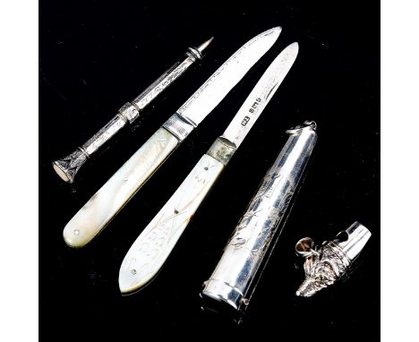 Various silver, including dog whistle, propelling pencil etcLot sold as seen unless specific item(s) requested 