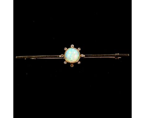 An Edwardian opal and diamond cluster bar brooch, unmarked gold settings with round high cabochon white opal and rose-cut dia