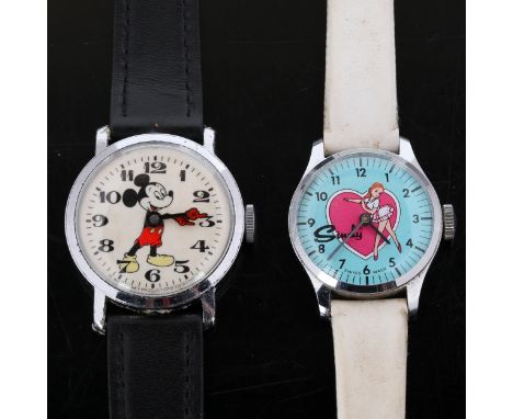 2 Vintage novelty mechanical wristwatches, comprising Mickey Mouse and Sindy, both working order (2)Both working order, cases