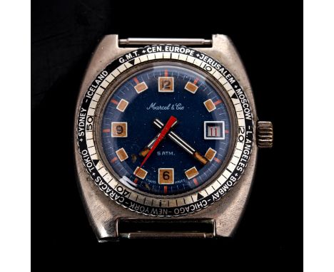 MARCEL & CIE - a Vintage stainless steel GMT Diver's mechanical wristwatch head, circa 1970s, blue dial with hand painted qua