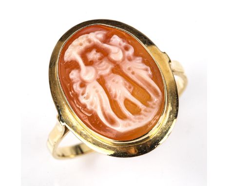 A late 20th century Continental 18ct gold cameo ring, depicting Three Graces, setting height 18.8mm, size R, 2.6gNo damage or