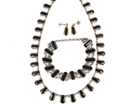 VOLMER BAHNER - a Vintage Danish vermeil sterling silver and black enamel demi-parure, comprising fringe necklace, bracelet a