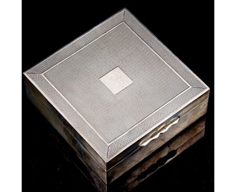 A George VI square silver cigarette box, engine turned lid, by Alexander Clark & Co Ltd, hallmarks Birmingham 1946, width 9cm