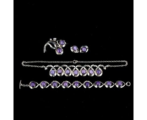 HERMANN SIERSBOL - a Vintage Danish stylised sterling silver and purple moonstone demi-parure, comprising necklace,  bracelet